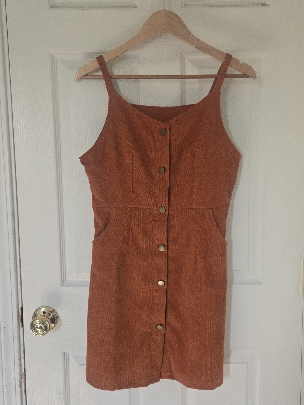 Rust Orange Corduroy Button Front Mini Dress Pinafore Cottagecore S